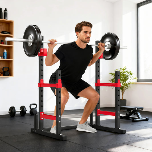 Adjustable Squat Rack, 660lbs Multi-Functional Bench Press Rack For Weight Lifting Home Gym Strength Training, Red