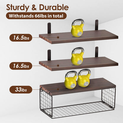2 In 1 Floating Shelves Wall Mounted With Storage Basket Bathroom Shelves Over Toilet Wooden Shelves For Bedroom Living Room Kitchen Office Wall Decor Plants